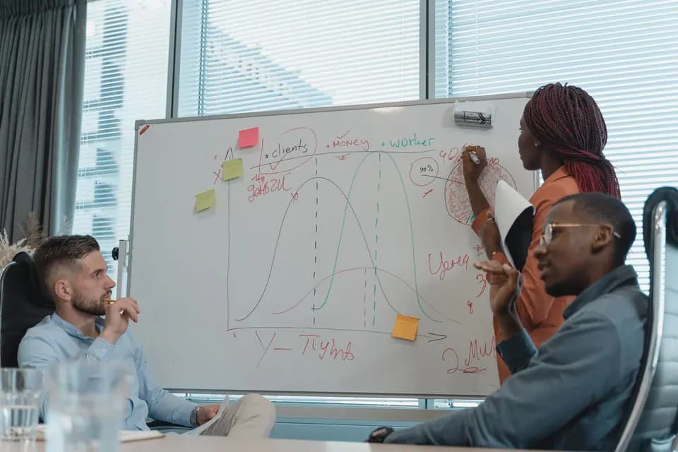 Colleagues building out a plan on a whiteboard