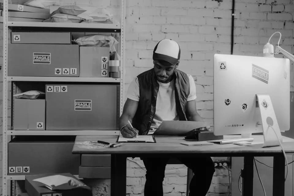 Someone writing up an order at a desk surrounded by parcels