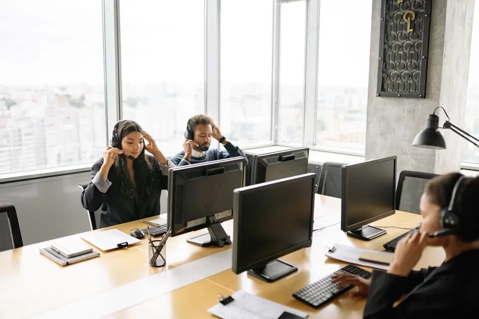 A row of support staff working at their desks in headsets