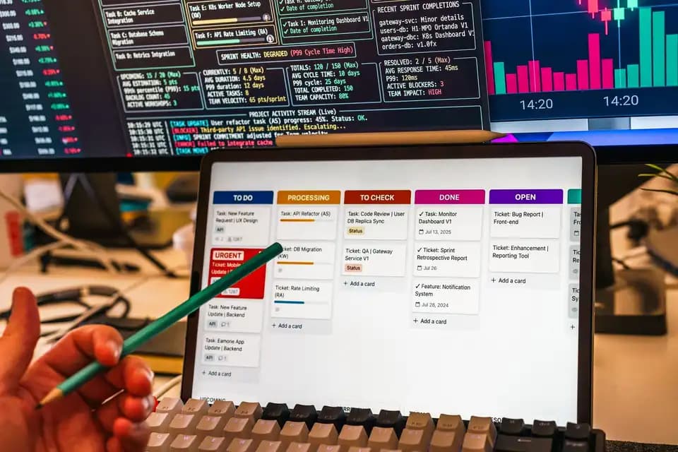 A tablet and monitors showing charts across a desk