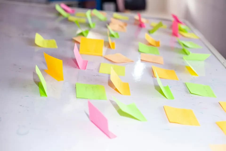 Coloured notes arranged across a whiteboard