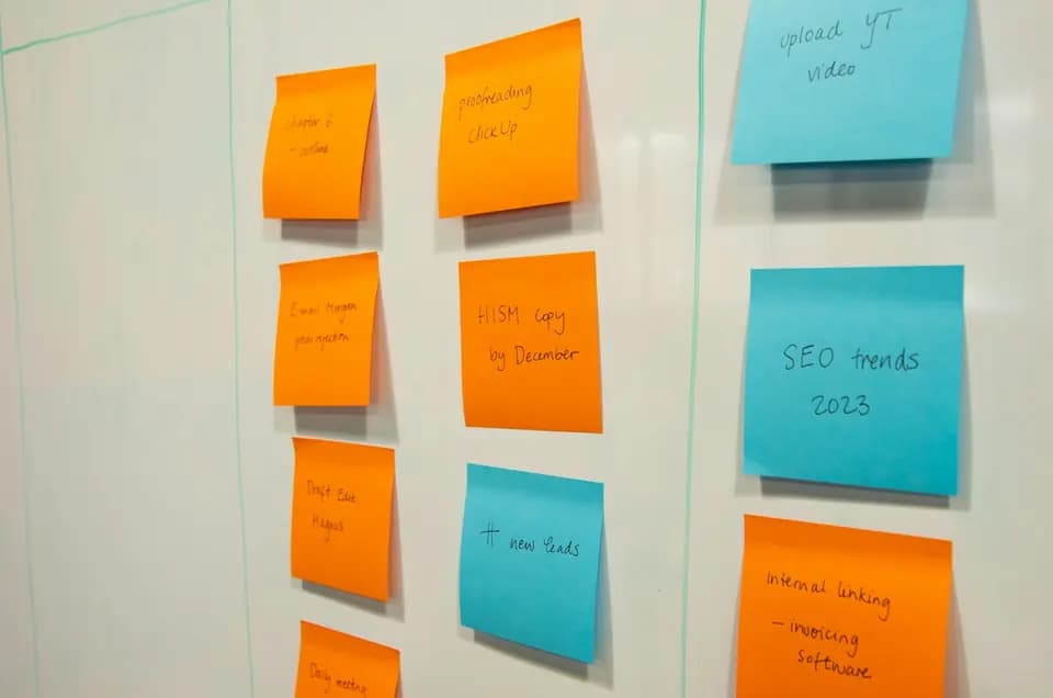 A wall covered in sticky notes from a planning session