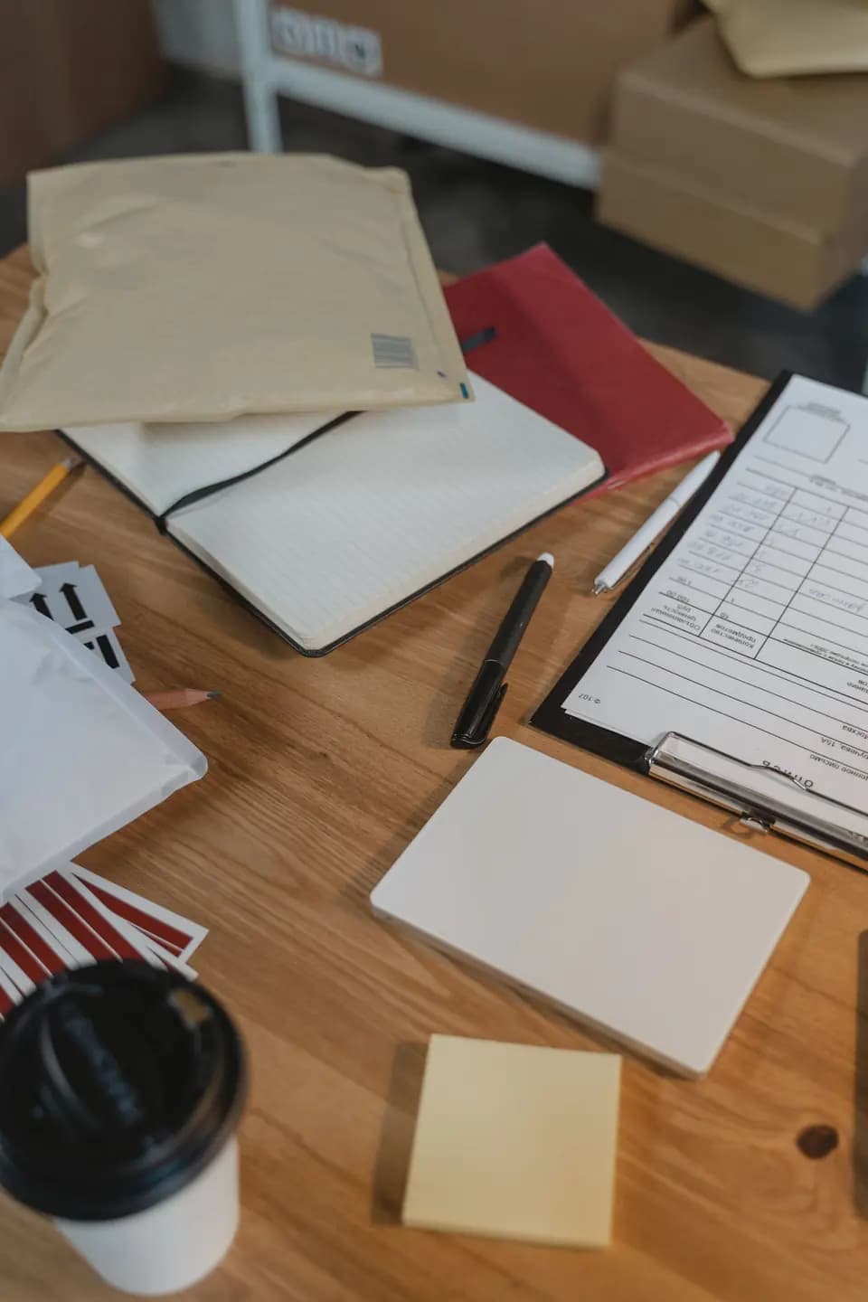 A desk with delivery parcels, a clipboard and order documents