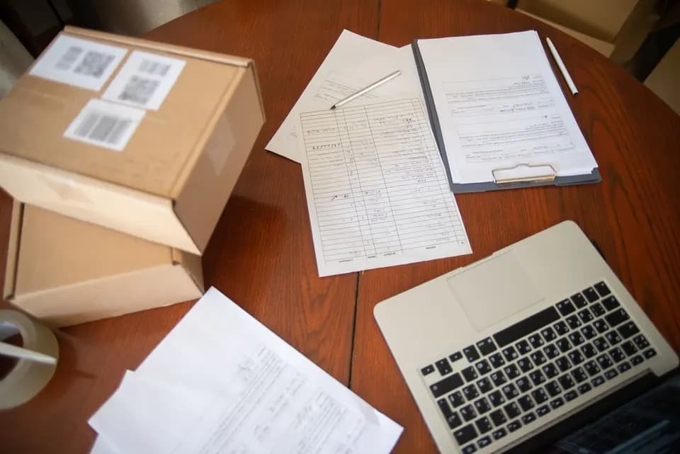 A desk laid out with a laptop, order paperwork and cartons